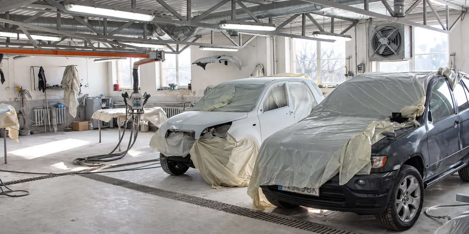 Automobiliai, paruošti kėbulo dažymo darbams Kairių autoserviso dirbtuvėse