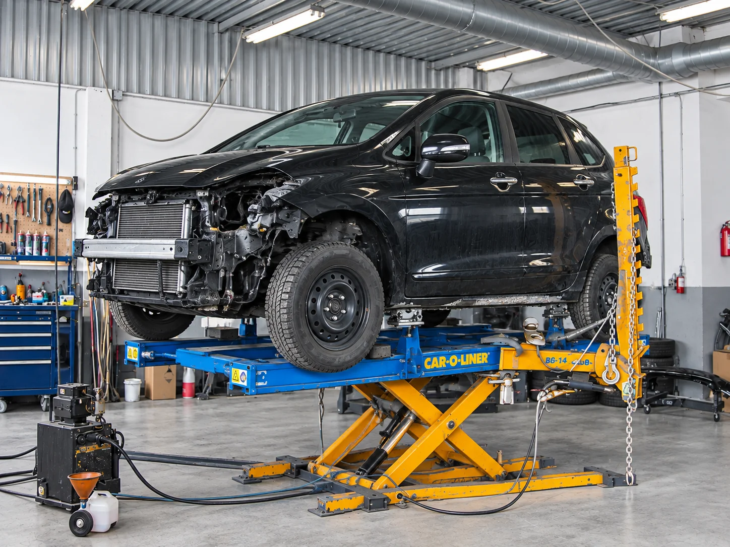 Car-O-Liner kėbulų geometrijos atstatymo stendas su remontuojamu automobiliu
